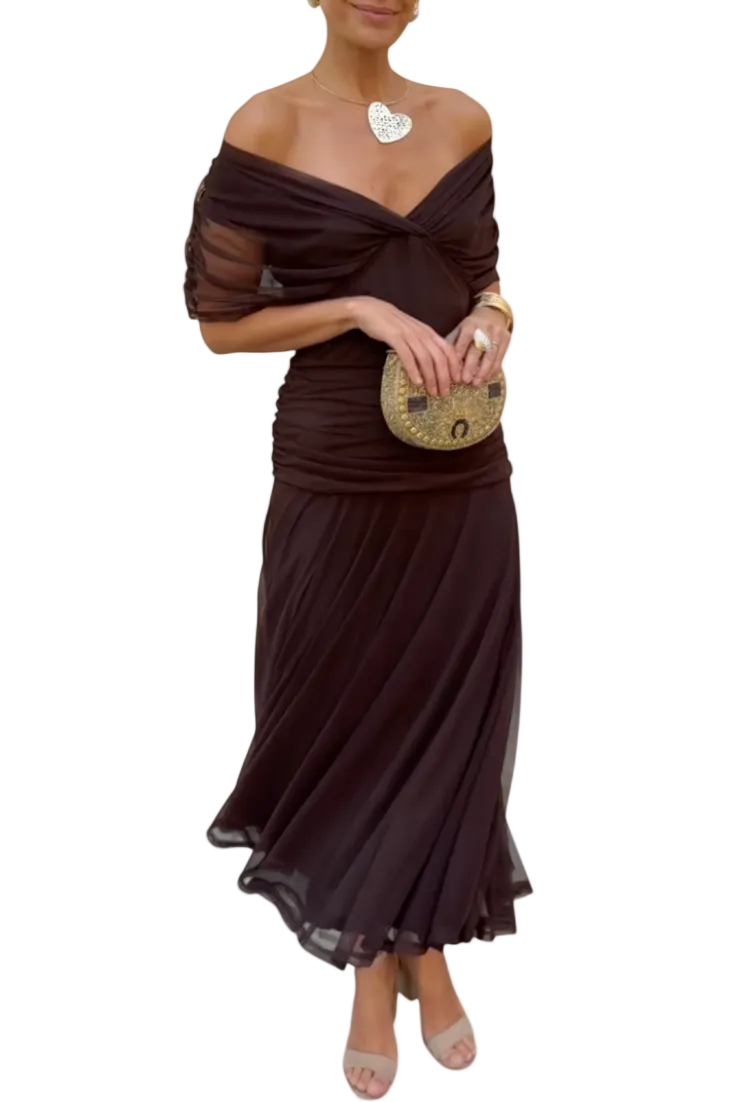 Brown off-shoulder ruched midi dress with twisted neckline and flowing skirt