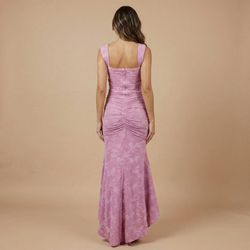 Back view of lavender ruched maxi dress with off-shoulder straps