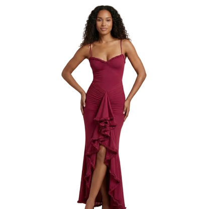 Burgundy ruched sweetheart maxi dress with spaghetti straps and ruffled asymmetrical hem