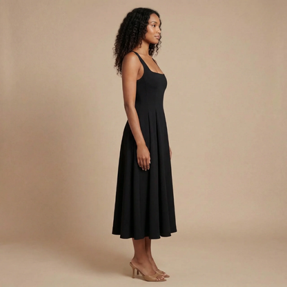 Black square neck sleeveless midi dress with flowing A-line skirt