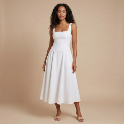 White square neck sleeveless midi dress with full skirt silhouette