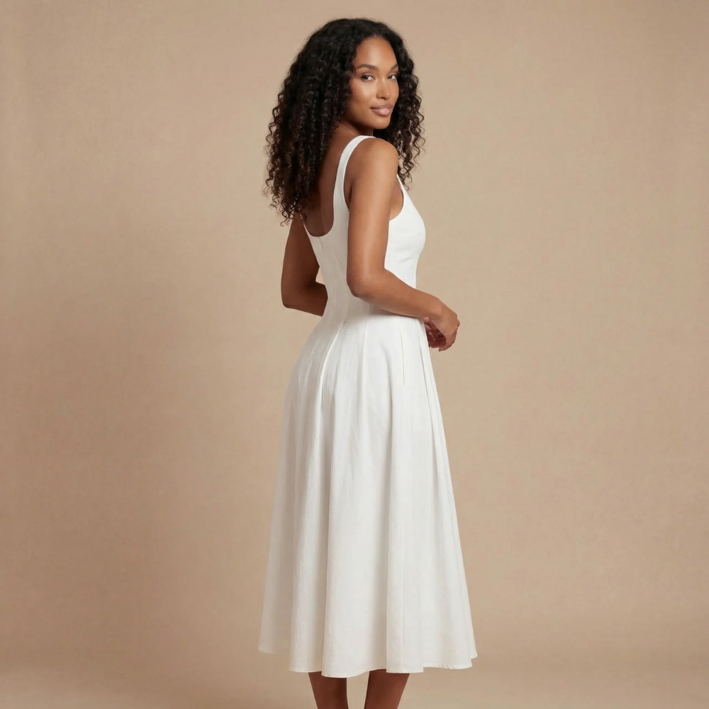Side view of white midi dress showing open back and fitted bodice