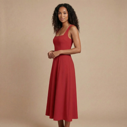 Red square neck sleeveless midi dress with elegant A-line cut