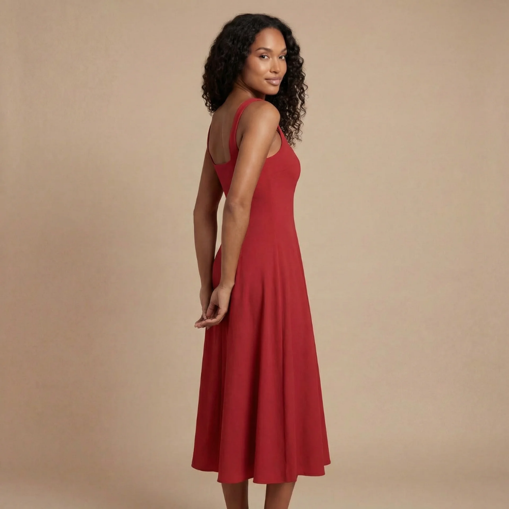 Back view of red midi dress with open back and flowing skirt