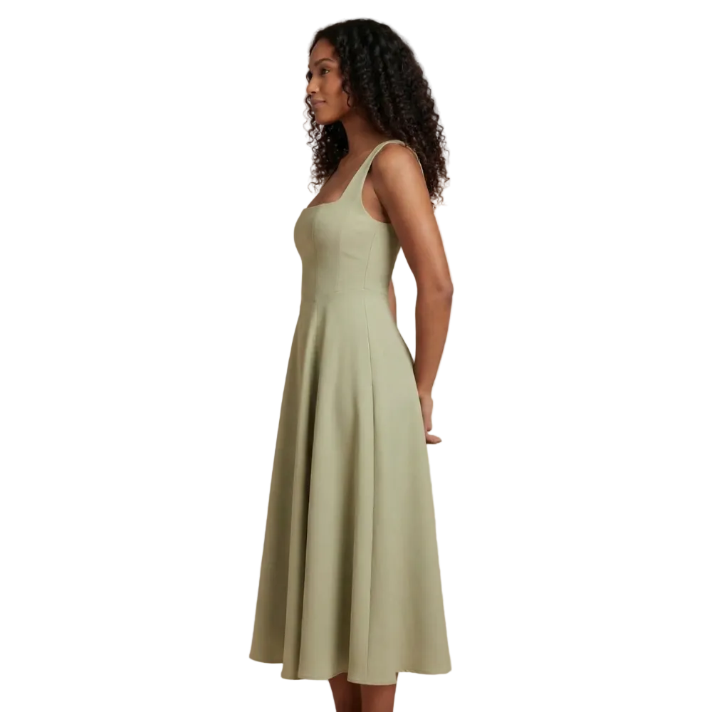 Sage green square neck sleeveless midi dress with pleated skirt