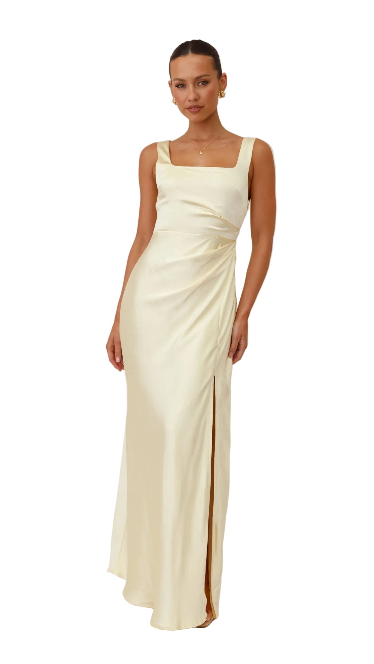 Cream satin maxi dress with square neckline and ruched side detail