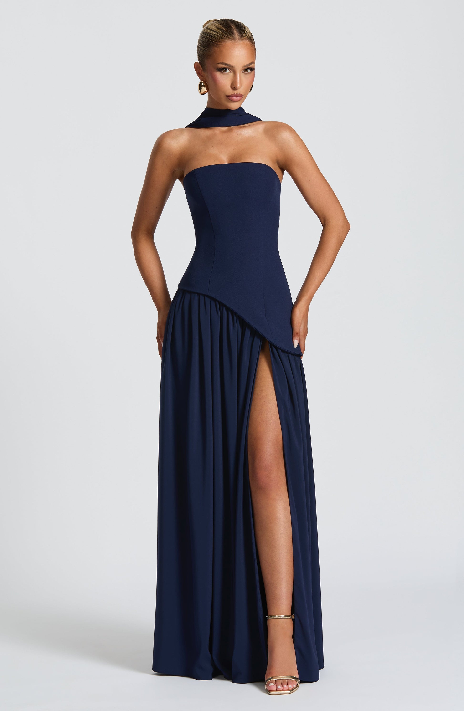 Navy blue strapless maxi dress with choker neckline and high leg slit