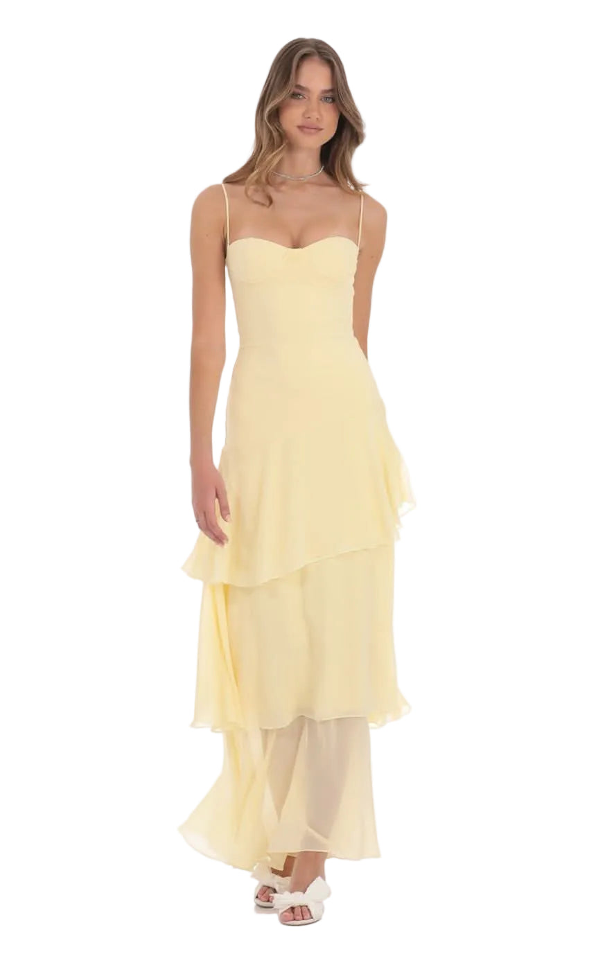 Pale yellow sweetheart neckline spaghetti strap maxi dress with layered chiffon skirt