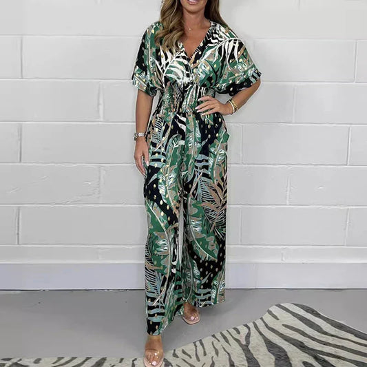 Natalia™ - Tropical Leaf Print Jumpsuit - Bandorial