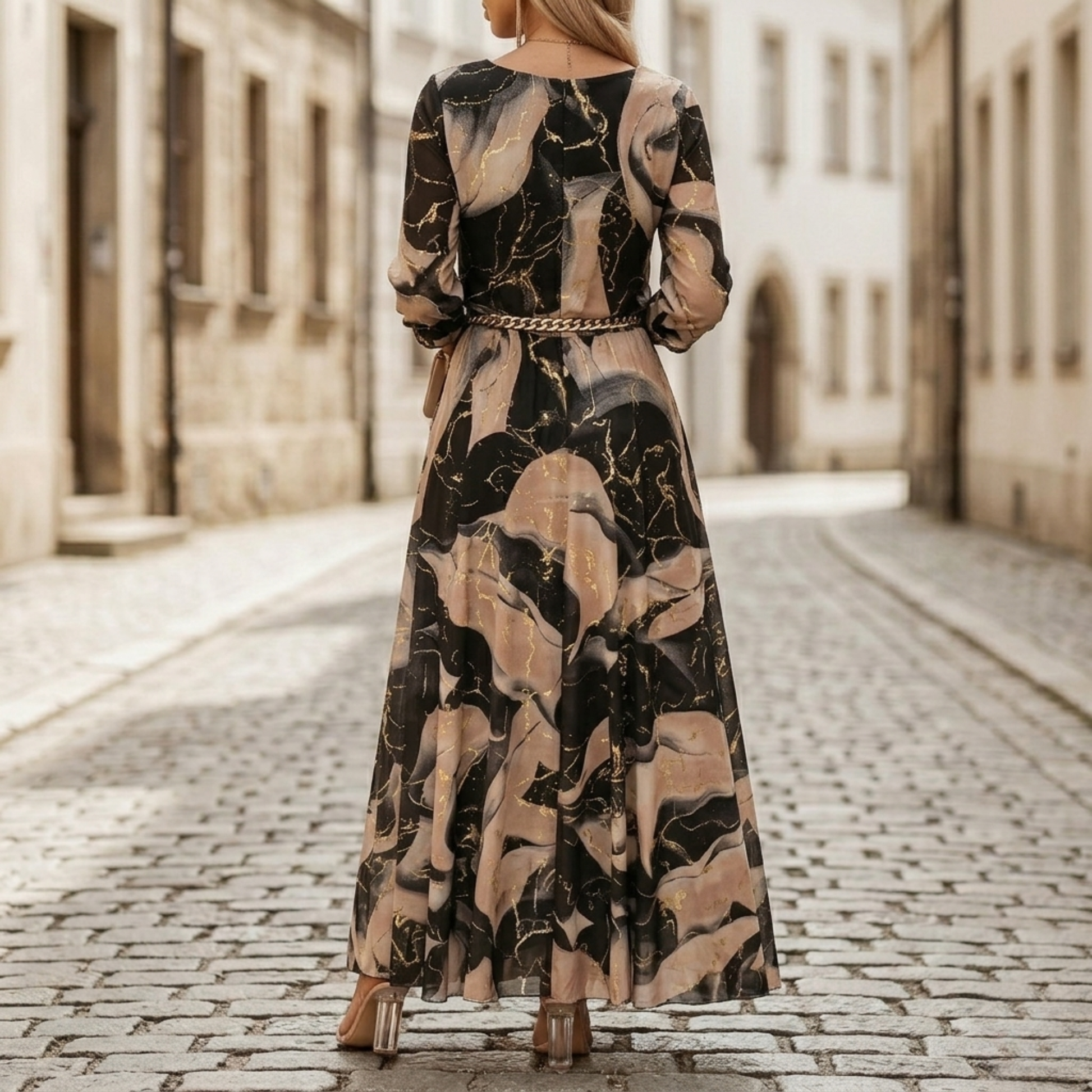 Women's Party Abstract Print V Neck Maxi Dress in Multicolor