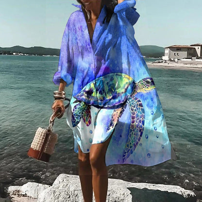 Women's Beach Printed Long Sleeve Mini Shirt Dress in Light Blue