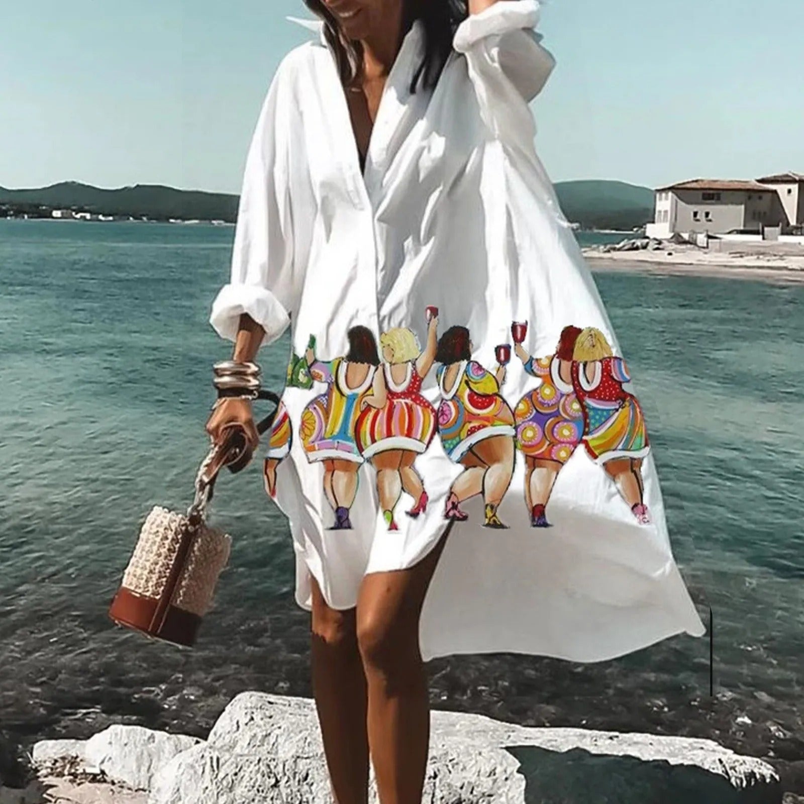 Women's Beach Printed Long Sleeve Mini Shirt Dress in Light Blue