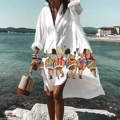 Women's Beach Printed Long Sleeve Mini Shirt Dress in Light Blue