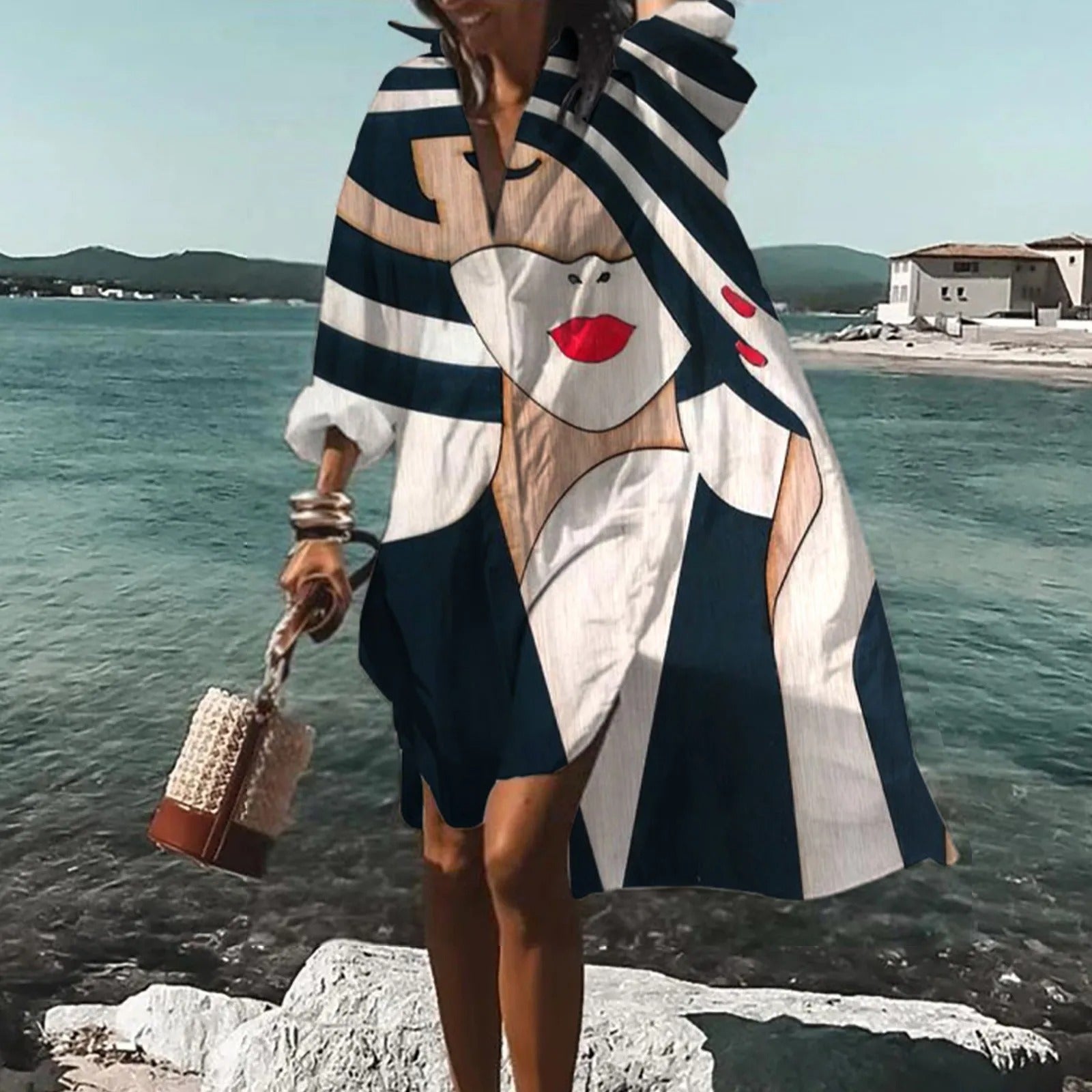 Women's Beach Printed Long Sleeve Mini Shirt Dress in Light Blue