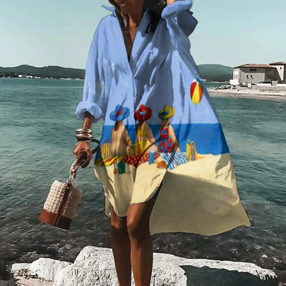 Women's Beach Printed Long Sleeve Mini Shirt Dress in Light Blue