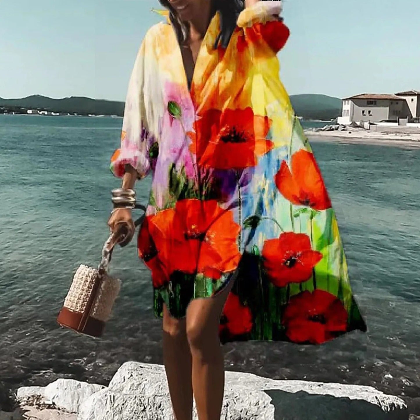 Women's Beach Printed Long Sleeve Mini Shirt Dress in Light Blue
