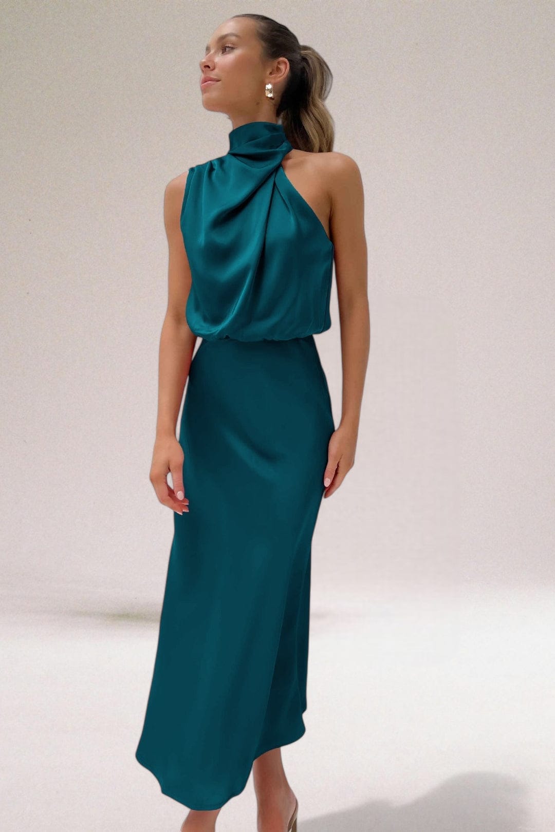 Women's Cocktail Halter Midi Dress with Pleated Skirt in Light Green