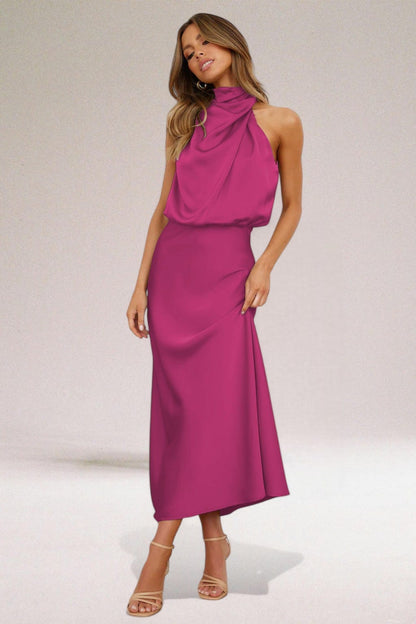 Women's Cocktail Halter Midi Dress with Pleated Skirt in Light Green