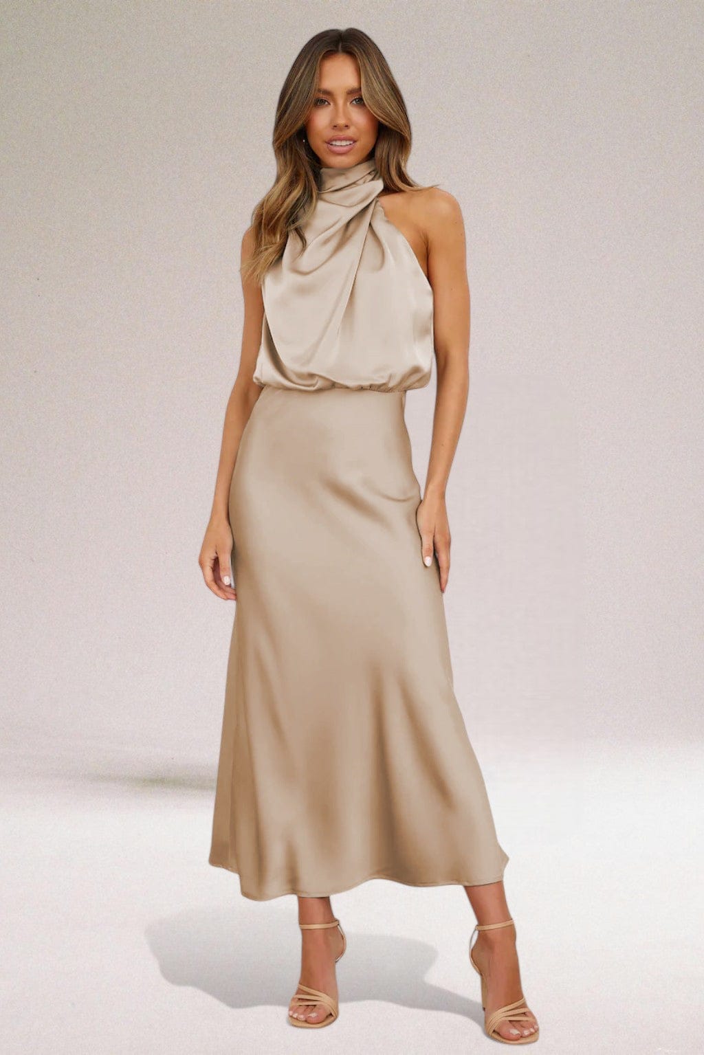 Women's Cocktail Halter Midi Dress with Pleated Skirt in Light Green