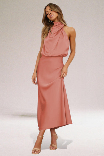 Women's Cocktail Halter Midi Dress with Pleated Skirt in Light Green