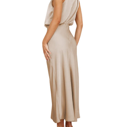 Women's Cocktail Halter Midi Dress with Pleated Skirt in Light Green