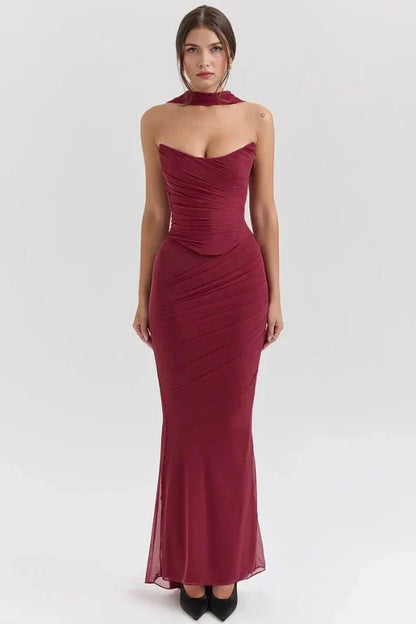 Women's Formal Strapless Mesh Maxi Dress in Red