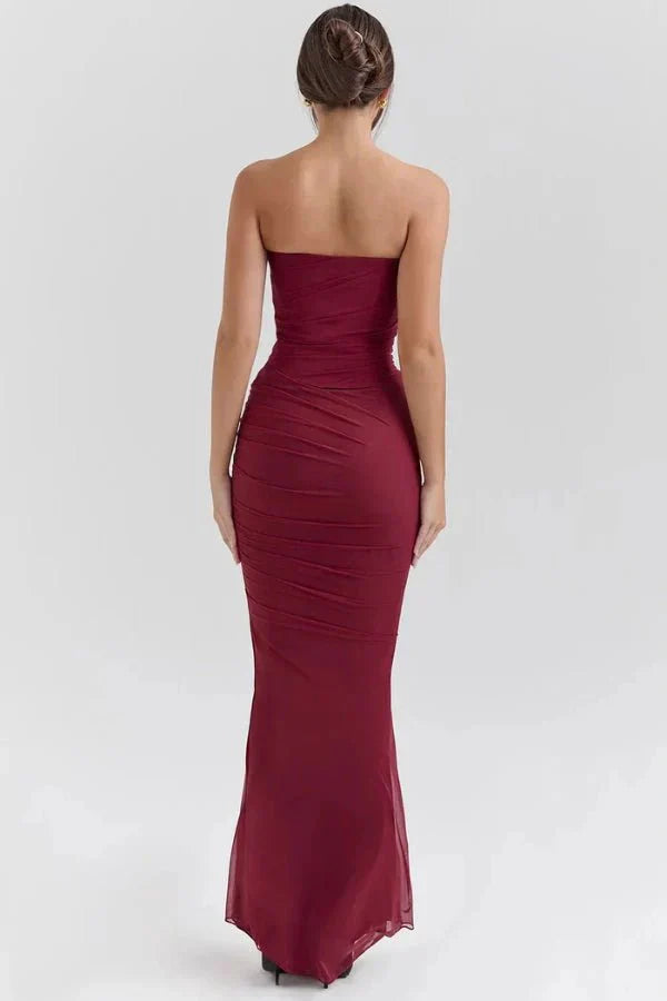 Women's Formal Strapless Mesh Maxi Dress in Red