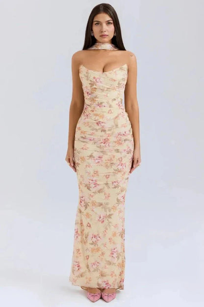 Women's Formal Strapless Mesh Maxi Dress in Red