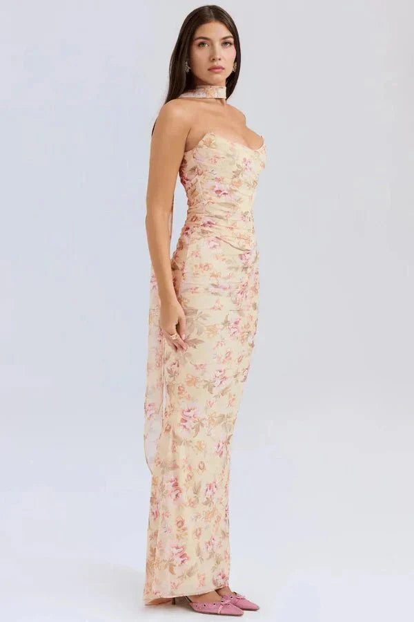 Women's Formal Strapless Mesh Maxi Dress in Maroon
