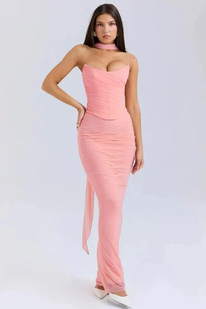 Women's Formal Strapless Mesh Maxi Dress in Maroon