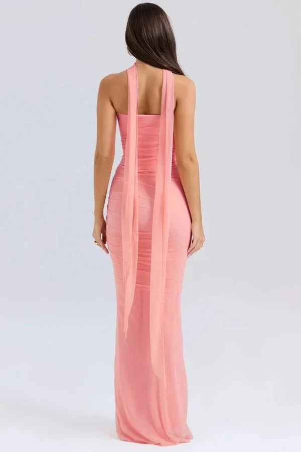 Women's Formal Strapless Mesh Maxi Dress in Maroon