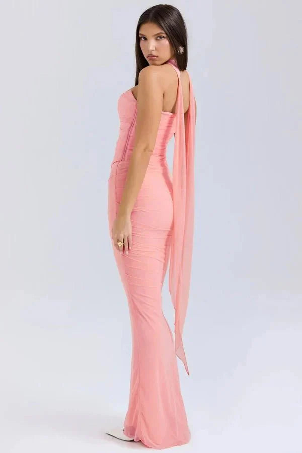 Women's Formal Strapless Mesh Maxi Dress in Maroon
