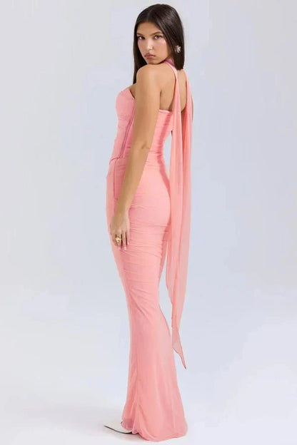 Women's Formal Strapless Mesh Maxi Dress in Maroon