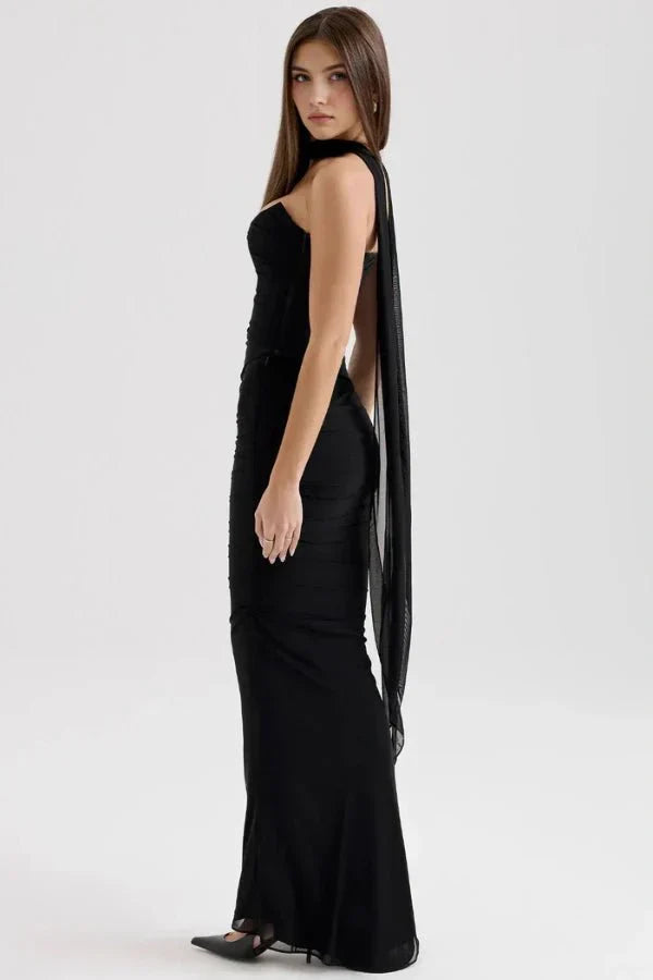 Women's Formal Strapless Mesh Maxi Dress in Light Blue