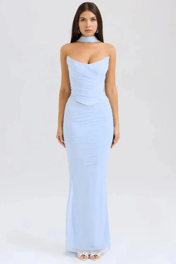 Women's Formal Strapless Mesh Maxi Dress in Light Blue