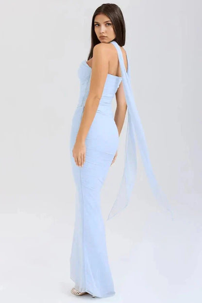 Women's Formal Strapless Mesh Maxi Dress in Light Blue
