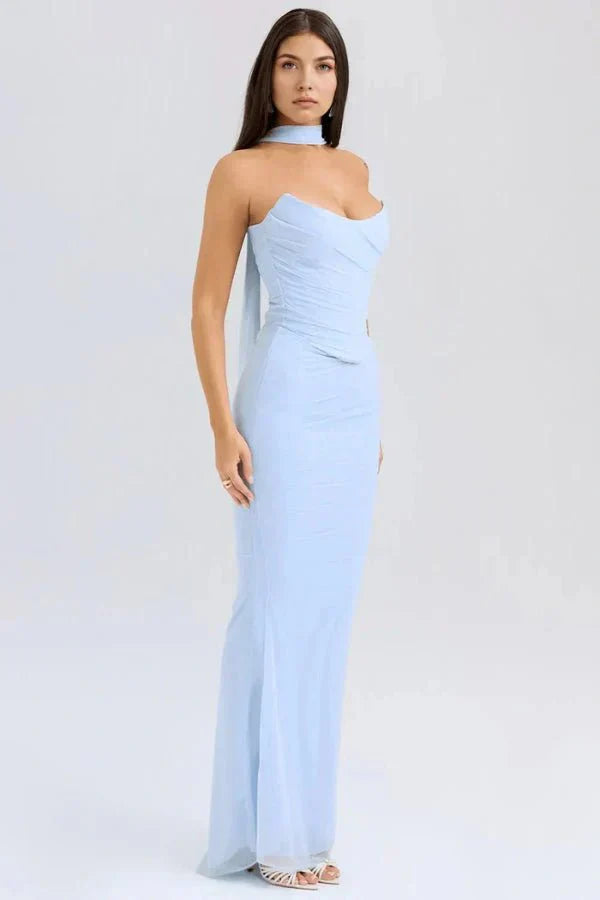 Women's Formal Strapless Mesh Maxi Dress in Peach