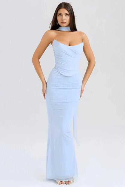 Women's Formal Strapless Mesh Maxi Dress in Peach