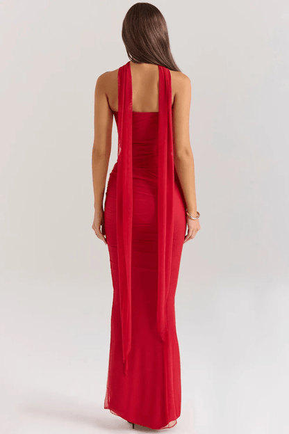 Women's Formal Strapless Mesh Maxi Dress in Peach