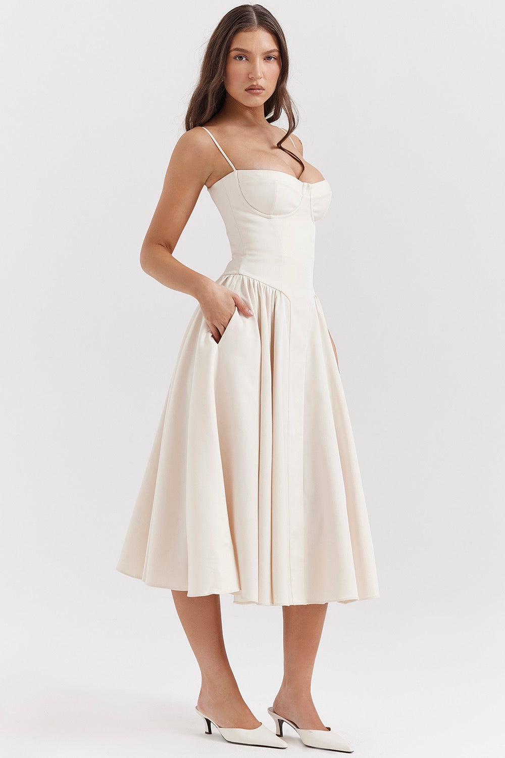Women's Corset Midi Dress with Adjustable Straps in LightGreen