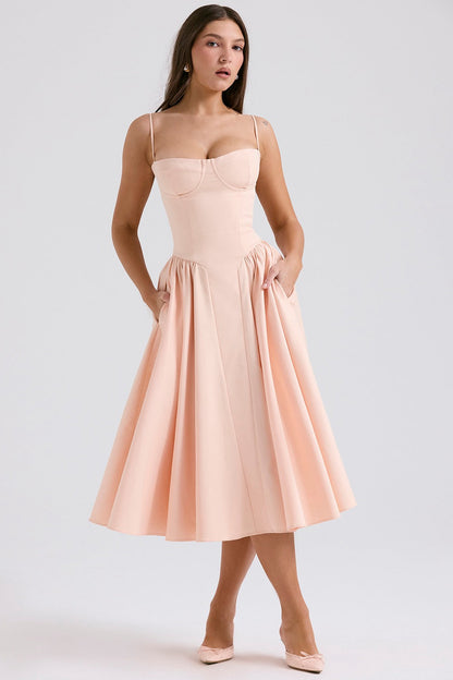 Women's Corset Midi Dress with Adjustable Straps in LightGreen