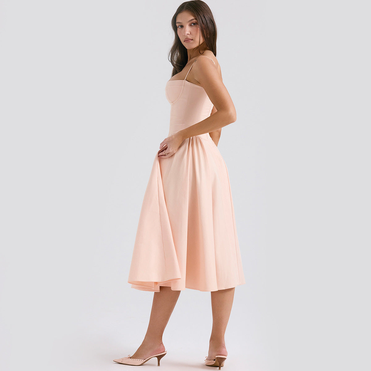 Women's Corset Midi Dress with Adjustable Straps in LightGreen