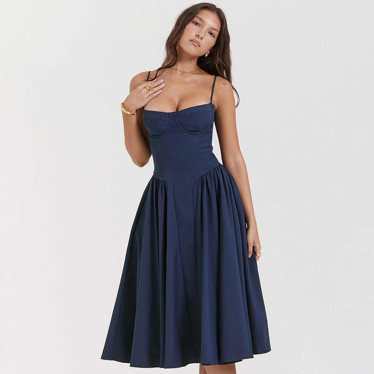 Women's Corset Midi Dress with Adjustable Straps in LightBeige