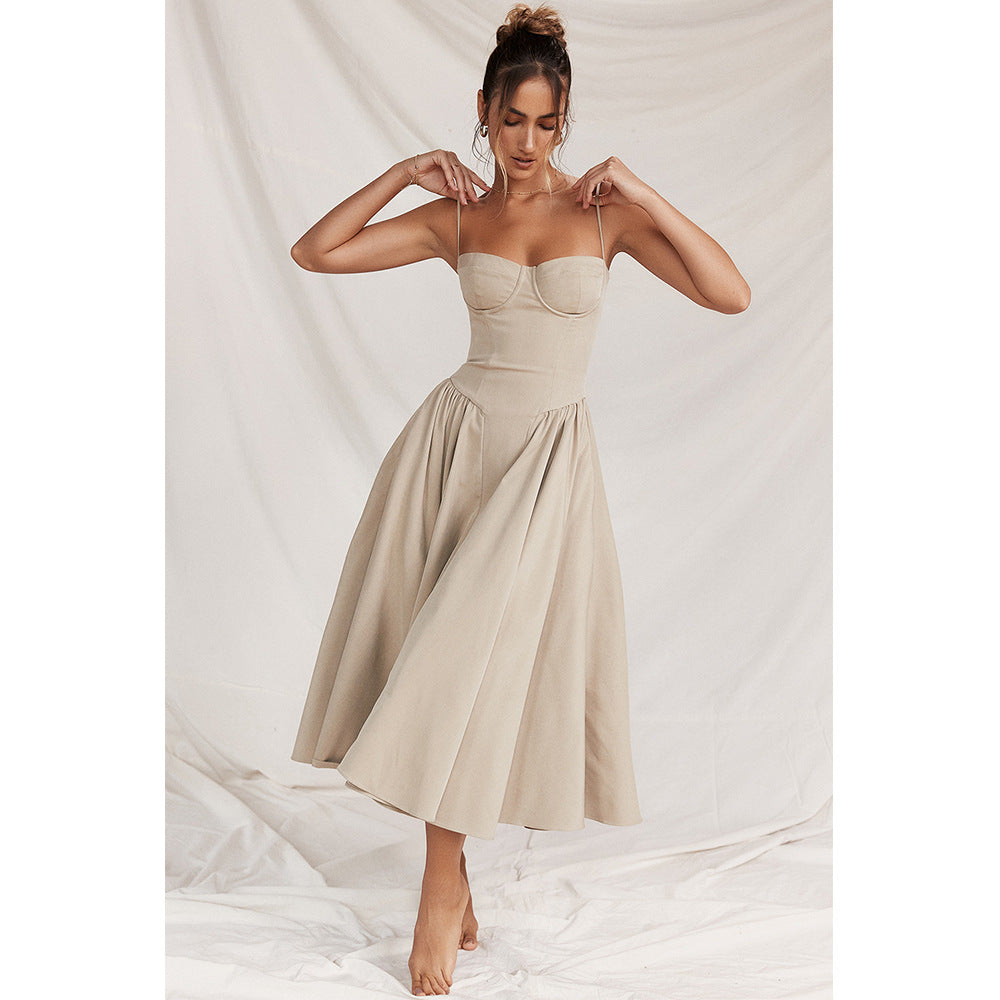 Women's Corset Midi Dress with Adjustable Straps in LightBeige