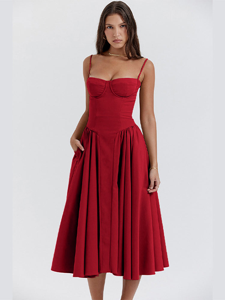 Women's Corset Midi Dress with Adjustable Straps in LightBeige