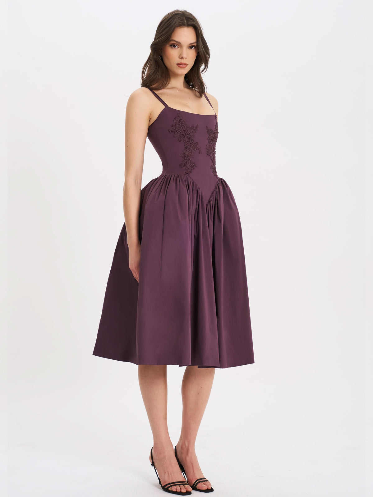 Women's Cocktail Floral Embroidered Midi Dress in Purple