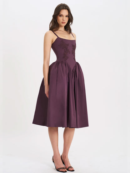 Women's Cocktail Floral Embroidered Midi Dress in Purple