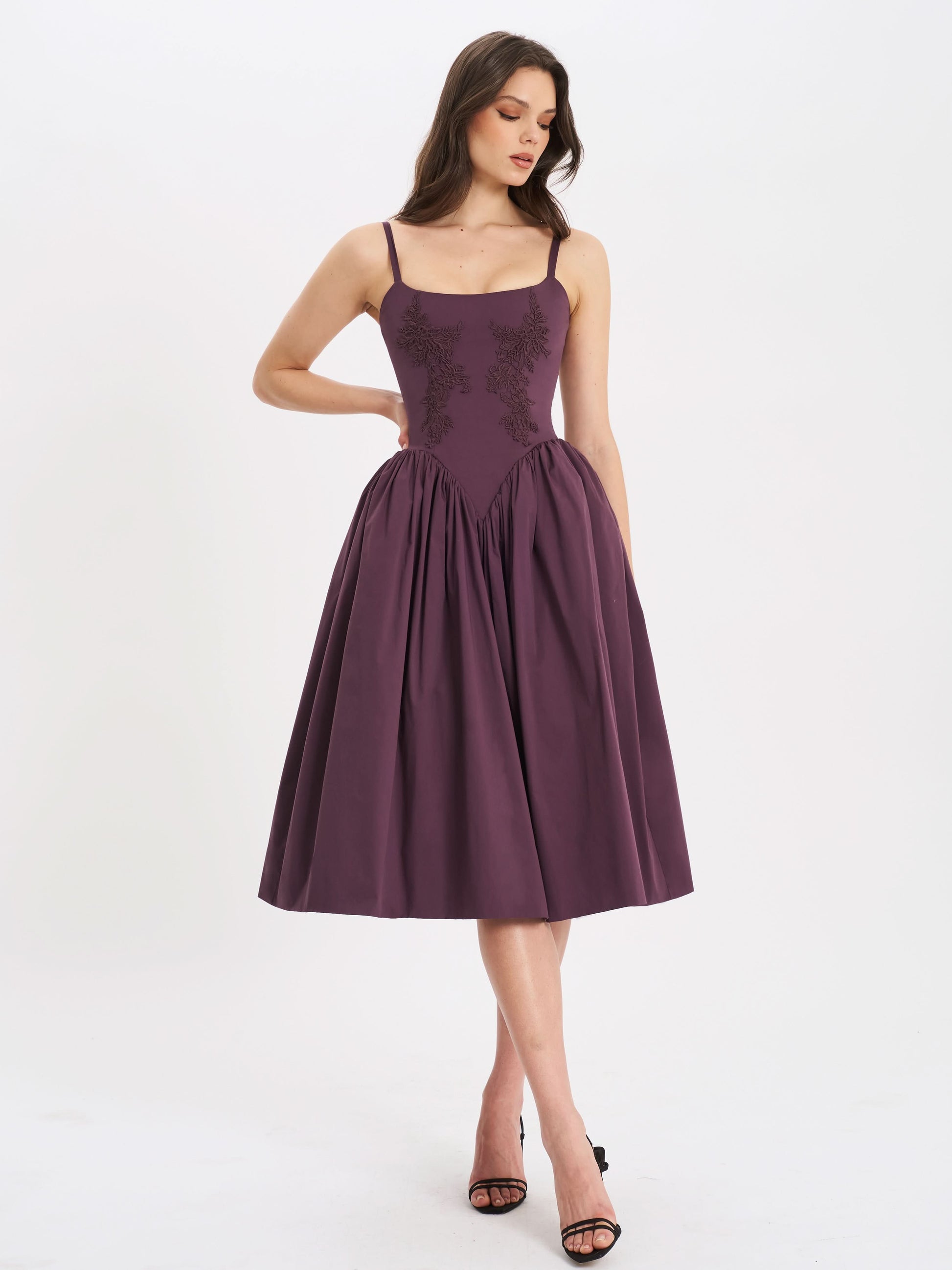 Women's Cocktail Floral Embroidered Midi Dress in Purple
