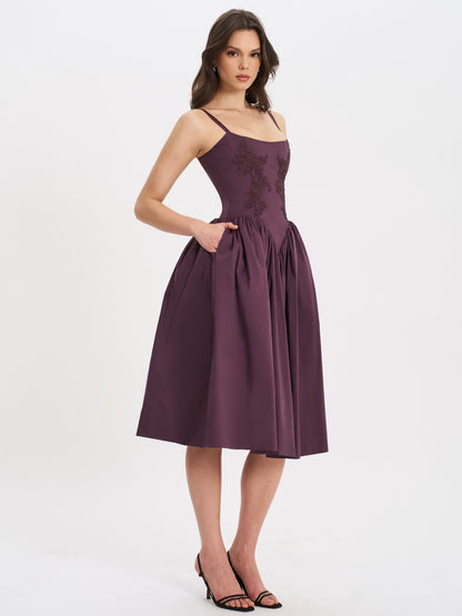 Women's Cocktail Floral Embroidered Midi Dress in Purple