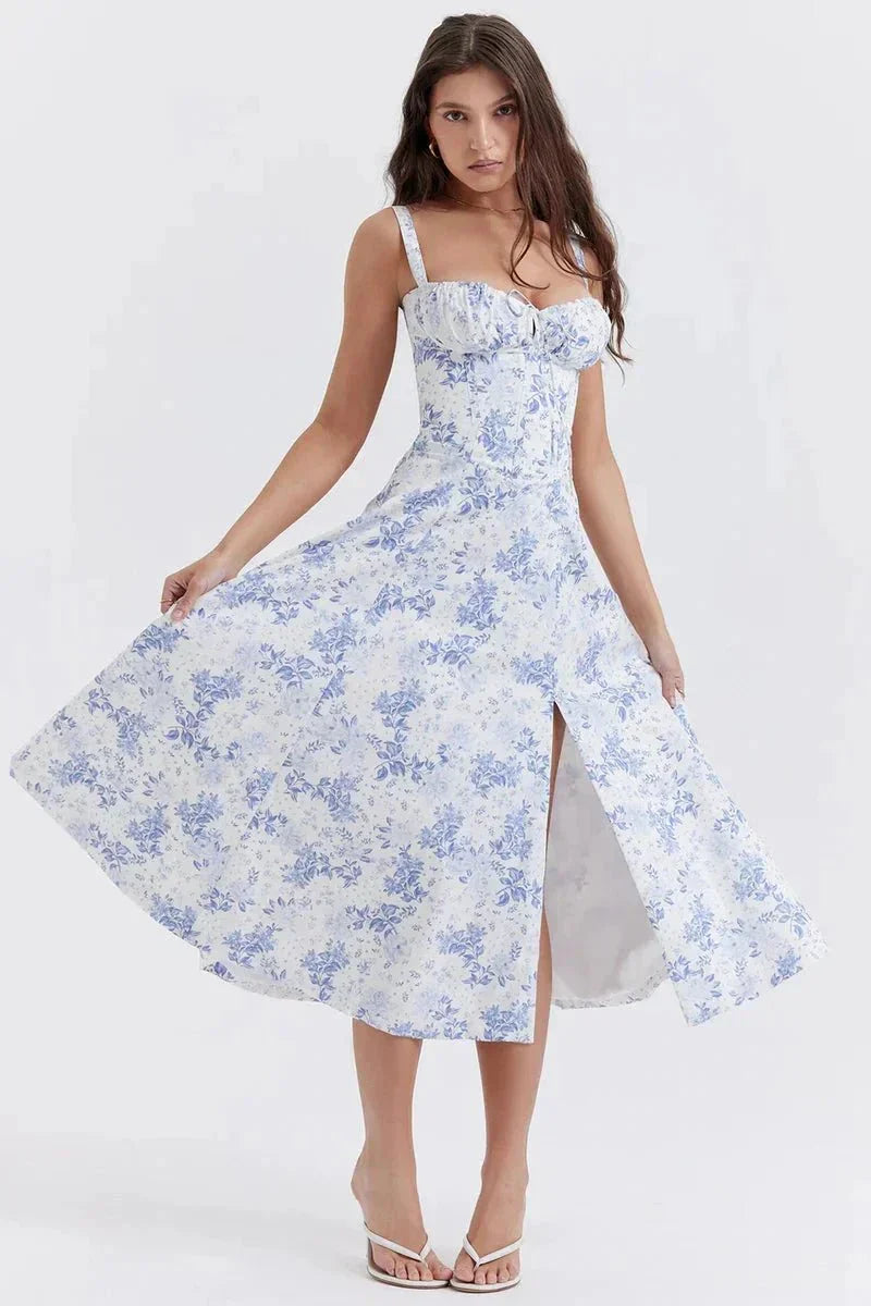 Women's Garden Party Floral Corset Midi Dress in Pink Print Linsay